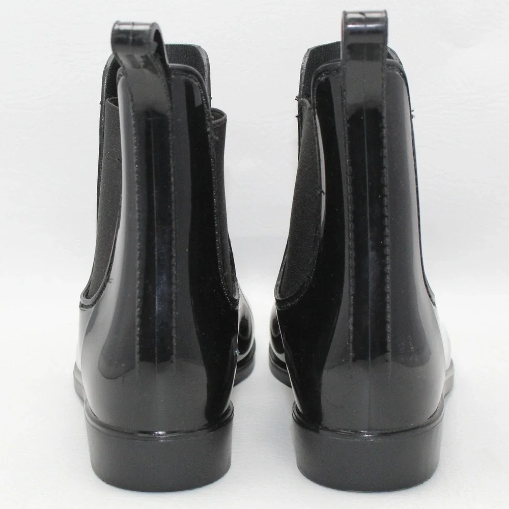 Womens Black Glossy Chelsea Rain Boots Ankle Waterproof Size‎ 38 Elastic Gore